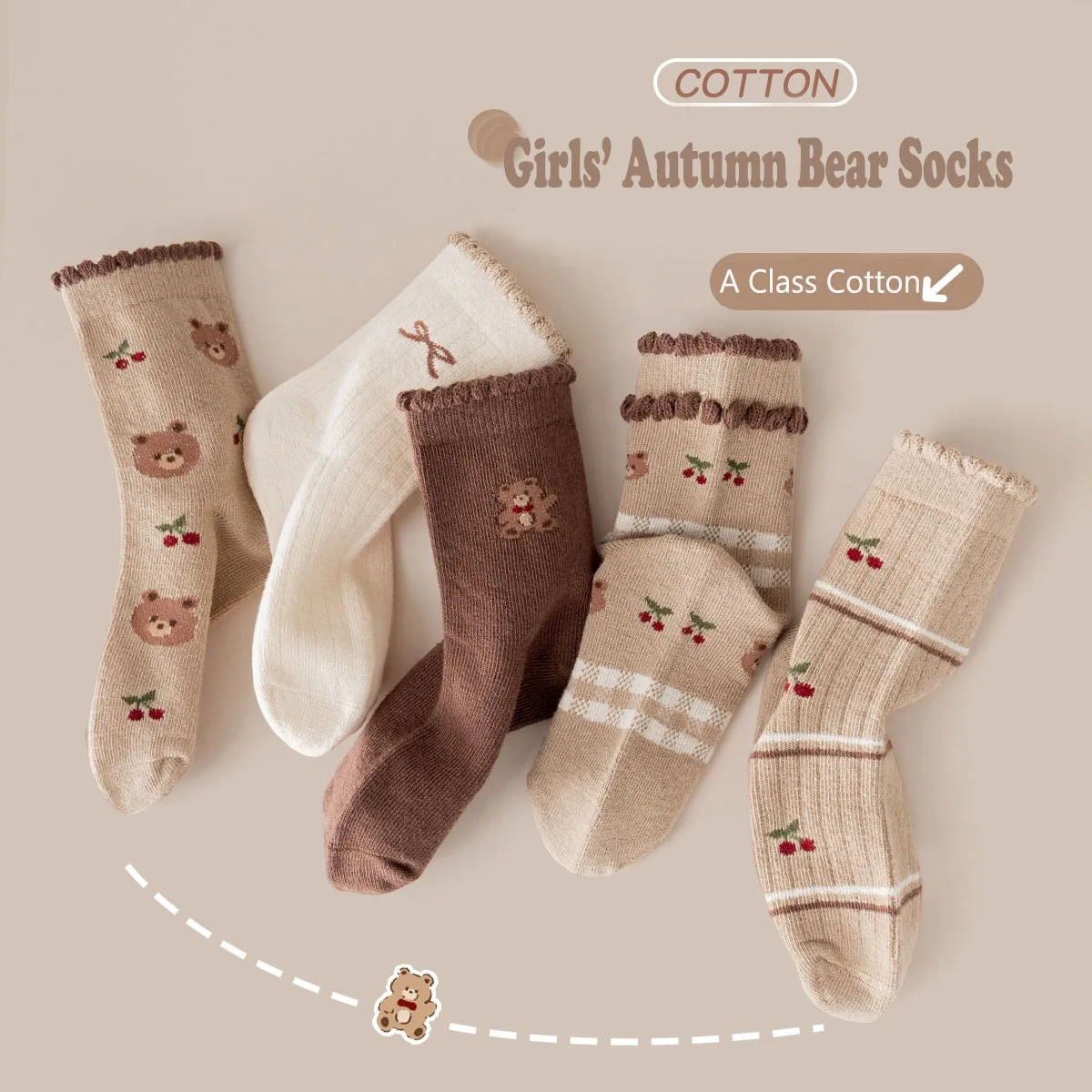 Girls Socks Autumn Cotton Warm Calf Socks Retro Maillard Bear Socks Baby Kids Cotton Socks 5 Pairs