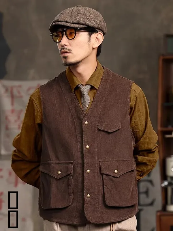 

Мужской вельветовый жилет большого размера в американском ретро-стиле, цвета хаки, весенне-осенний, модный брендовый жилет-безрукавка, рабочая одежда