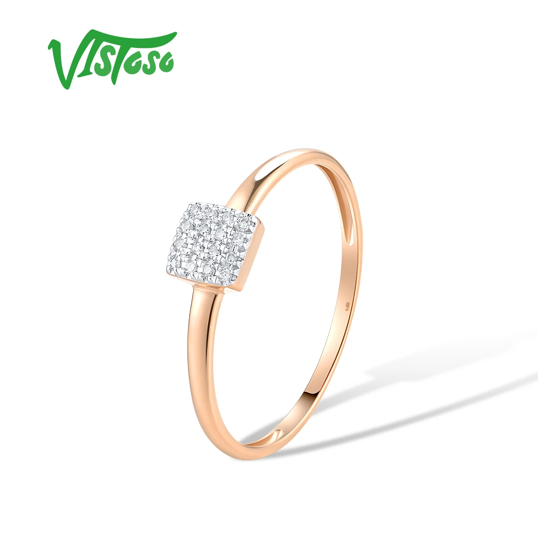 VISTOSO Pure 14K 585 Rose White Gold Sparkling Diamond Delicate Square Ring For Women Anniversary Engagement Trendy Fine Jewelry