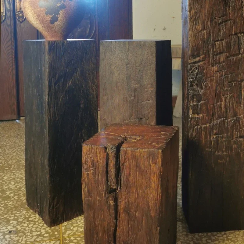 Natural weathered wood square pier flower stand flower table demolition old material old wooden pile Chinese antique wabi