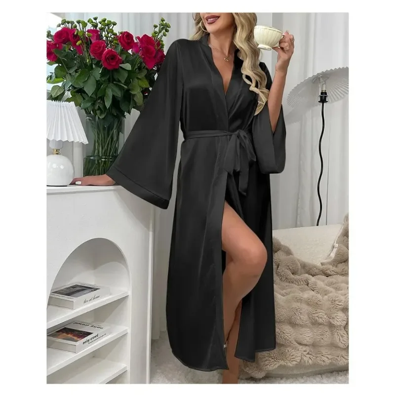 

Full Size Long Satin Bathrobe Women Long Sleeve Soft Comfortable Home Robe Luxurious Tie