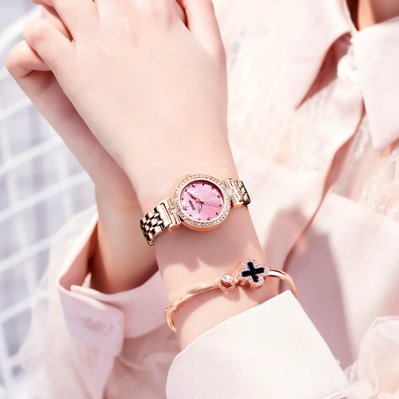 DOM Ladies Watch Fashion Square Ladies Quartz Watch Bracelet Set Pink Dial Simple Rose Gold Mesh Luxury Ladies Watch