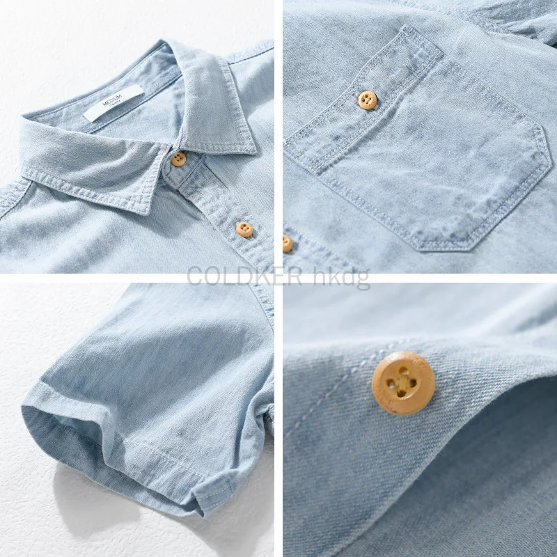 Men's Short Sleeve Button Down Shirts Denim Short Sleeve Shirt Summer Two Pocket Western Thin Soft Work Casual Cotton Shirt