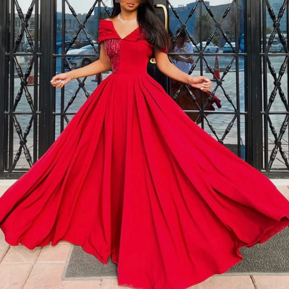 

Red V-Ncek Off the Shoulder Sequined A-Line Evening Dress Floor Classic Length Sweep Train Jersey pleats Short Sleeves for Women