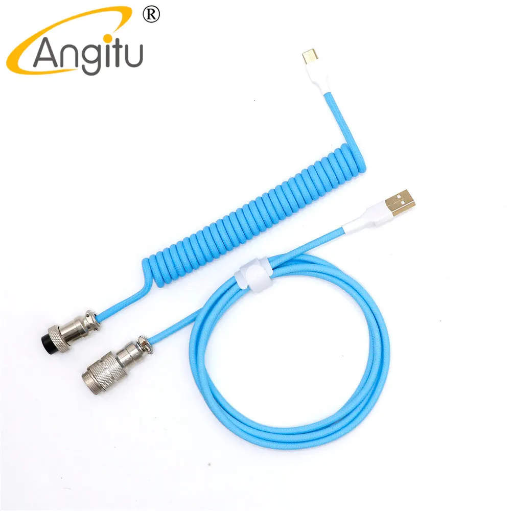 Angitu Custom Keyboard Coiled Type C Cable White BlacK Reversed USB Sprial Cable GX16 Aviator Coiled USB Type C Cable