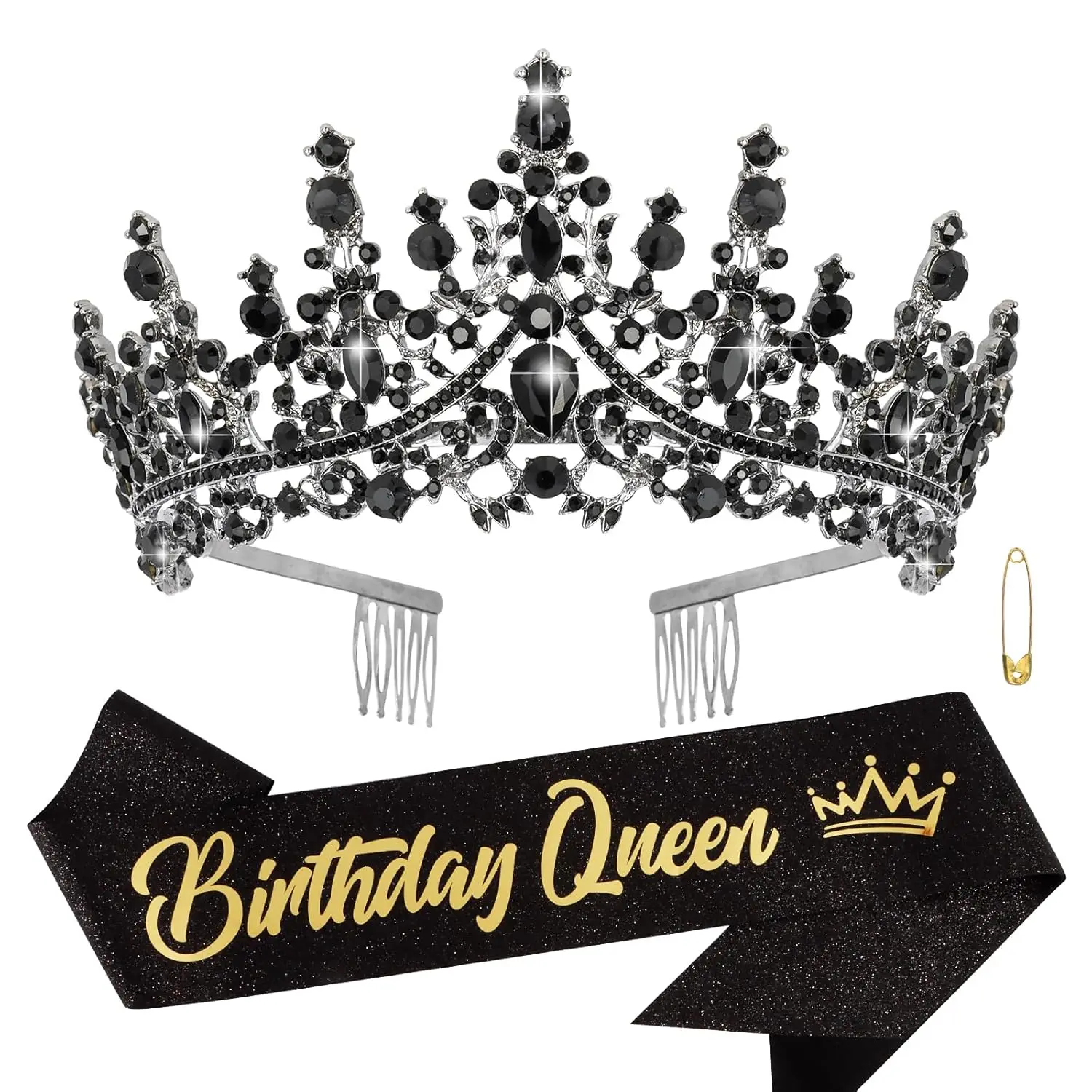 Black Birthday Queen Sash Tiaras Crowns for Women Girls Crystal Princess Tiara Rhinestone Headbands Quinceanera Happy Birthday