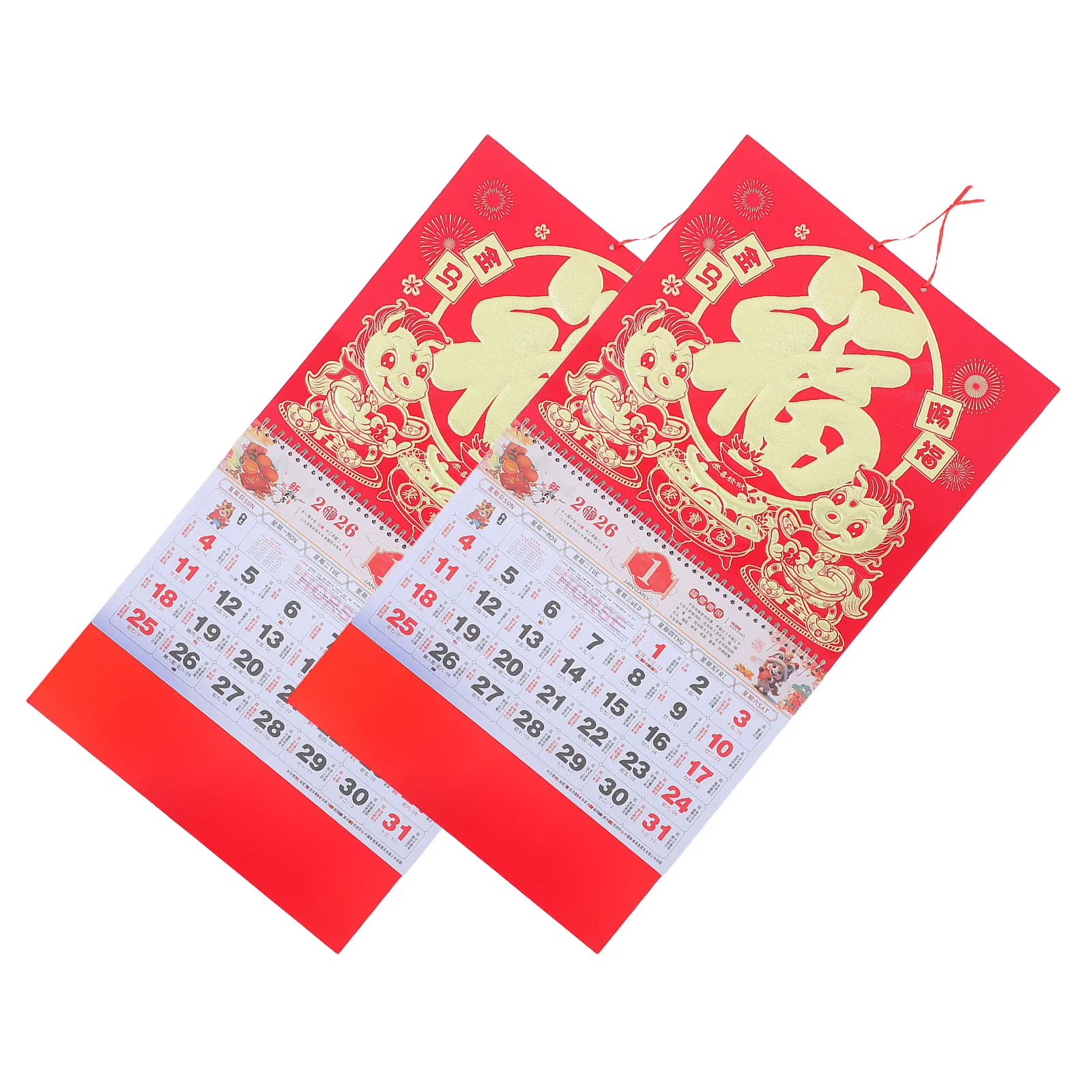 2 Stück 2026 Hängekalender Jahr des Pferdes Chinesisches Sternzeichen Monatlicher Mondplaner Rot Traditionelles Design Home Office Dekor