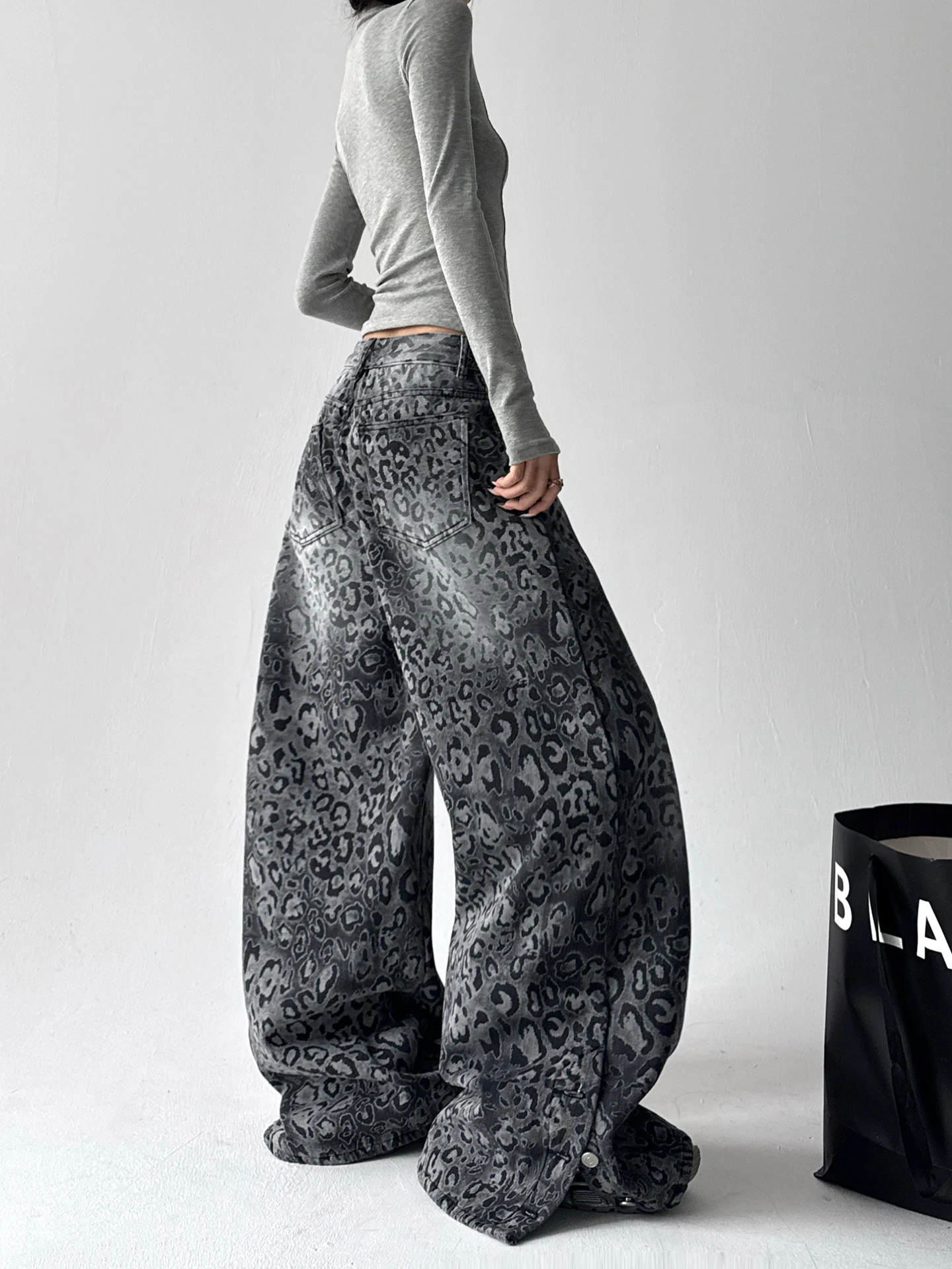 

Широкие брюки с высокой талией и подкладкой, свободные джинсы с леопардовым принтом, женские эластичные прямые брюки из смеси хлопка в стиле ретро