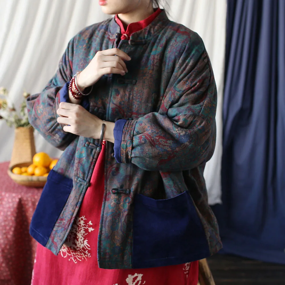 

Pastoral cotton pattern printed short cotton-padded jacket womens autumn-winter vintage disc buckle loose version thickened coat