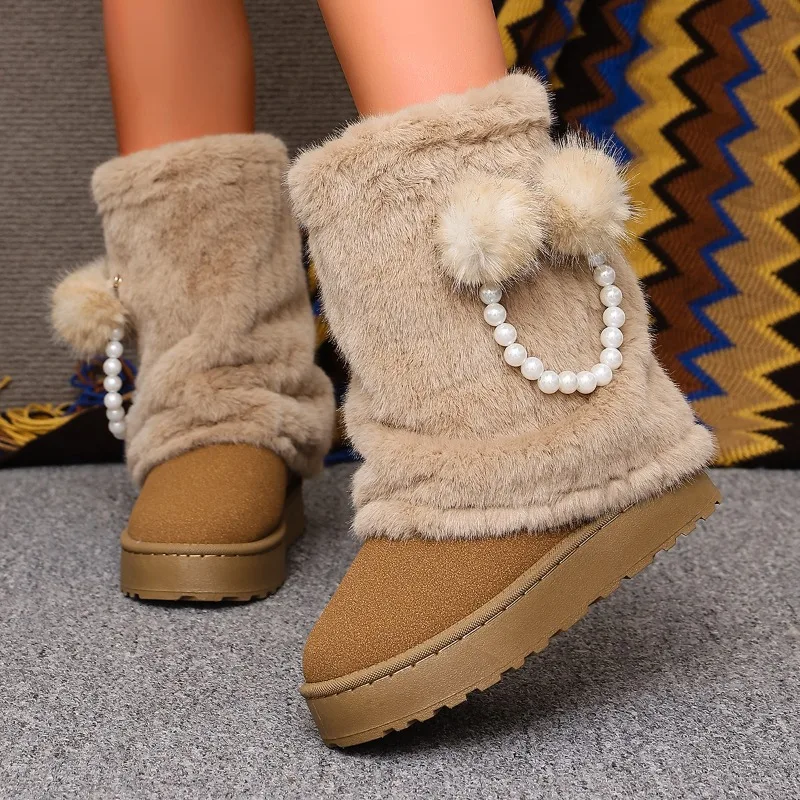 2026 Winter New Plush Ball Pearl Chain Decor Women's Mid Calf Boots Fashion Trendy Ribbed Cuff Casual Thick Soled Women Boots