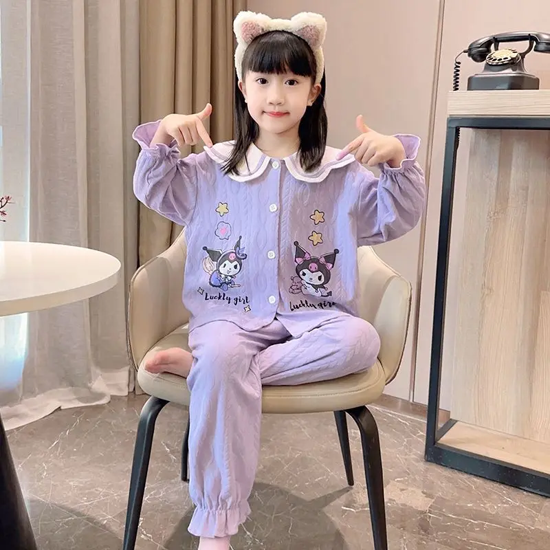 

Sanrio для девочек, 2 шт., пижамы Kuromi для девочек, новый стиль, хлопковые весенне-осенние модные универсальные комплекты домашней одежды, хит продаж
