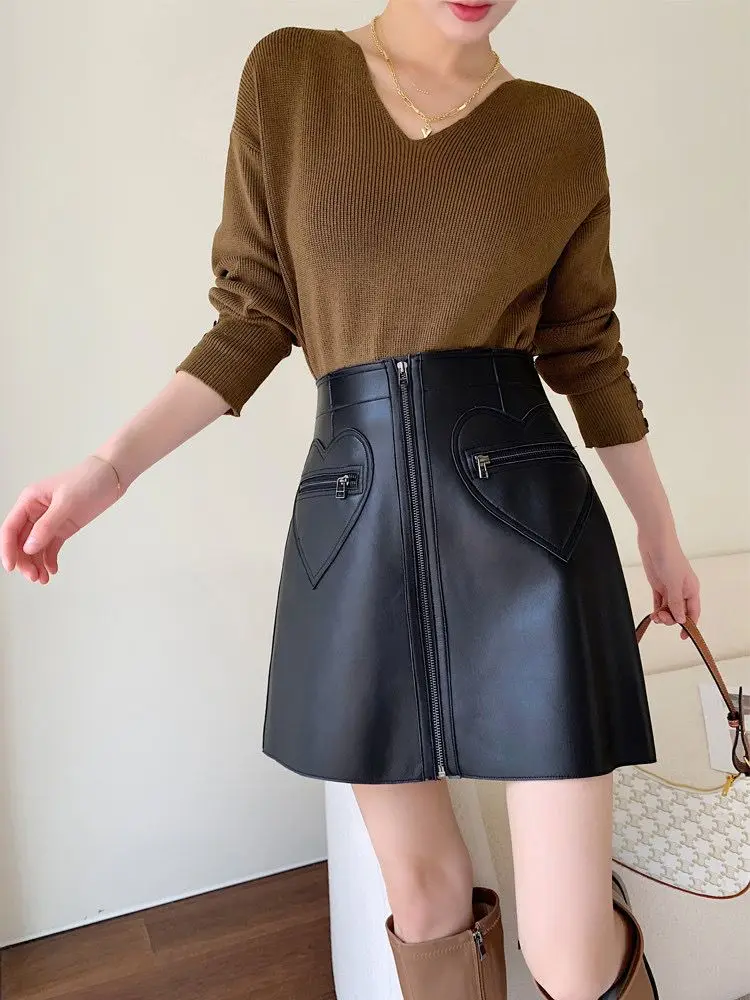 Love Pu Leather Skirt Female Autumn Winter 2024 New Temperament High Waist Midi Jupe Slim A-line Skirts Overskirt