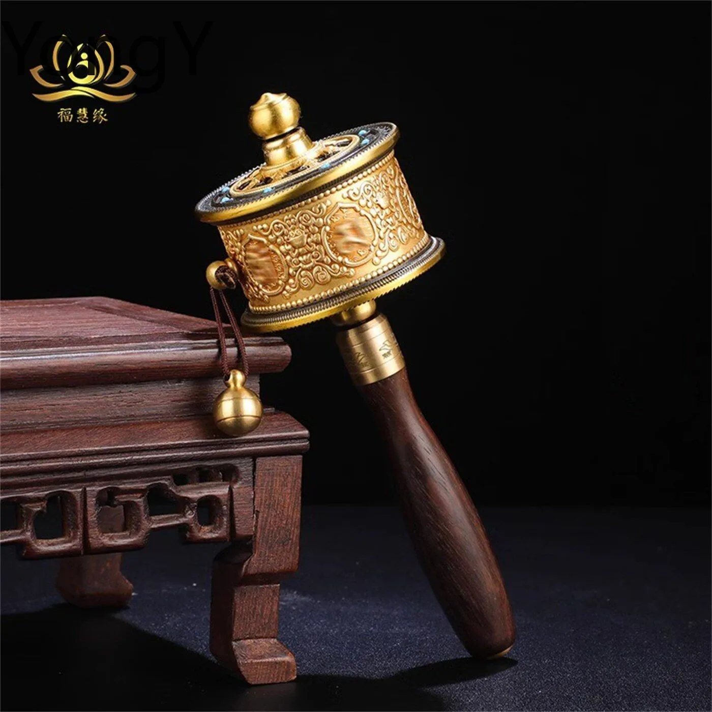 Tibetan hand crank wheel ornament ethnic style six characters home office engraving hand crank gold cylinder