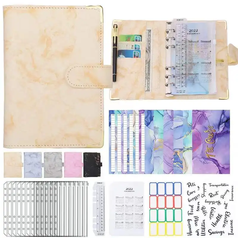 A6 PU Leather Notebook Binder Cash Budget Planner Organizer System with Zipper Cash Envelopes,Budget Sheets and Sticker Labels