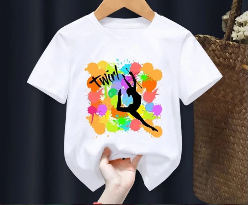 Venta al por mayor, camiseta con estampado de bailarina de gimnasia para niños, ropa de baile para niñas, camiseta para bebés, pantalón corto