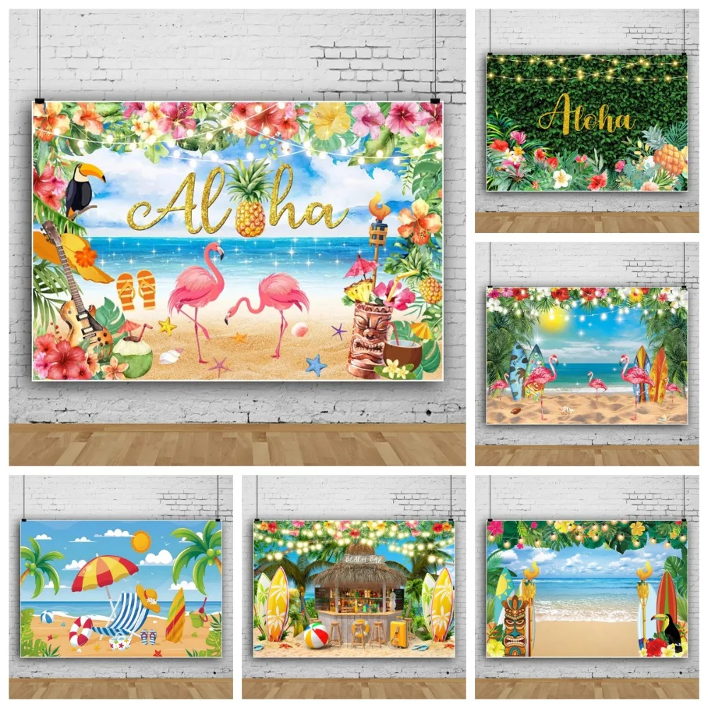 

Summer Hawaiian Beach Tropical Flower Surfboard Banner Backdrop, Children's Birthday Party Decoration Photography Backdrop Cloth