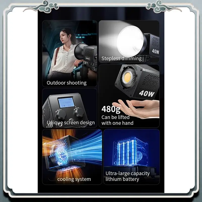 

Premium M60 Handle Photo Studio Light COB Bi-Color CCT 2500-6500K CRI Greater Than Equal 95 TLCI Greater Than Equal 97 EU PLUG