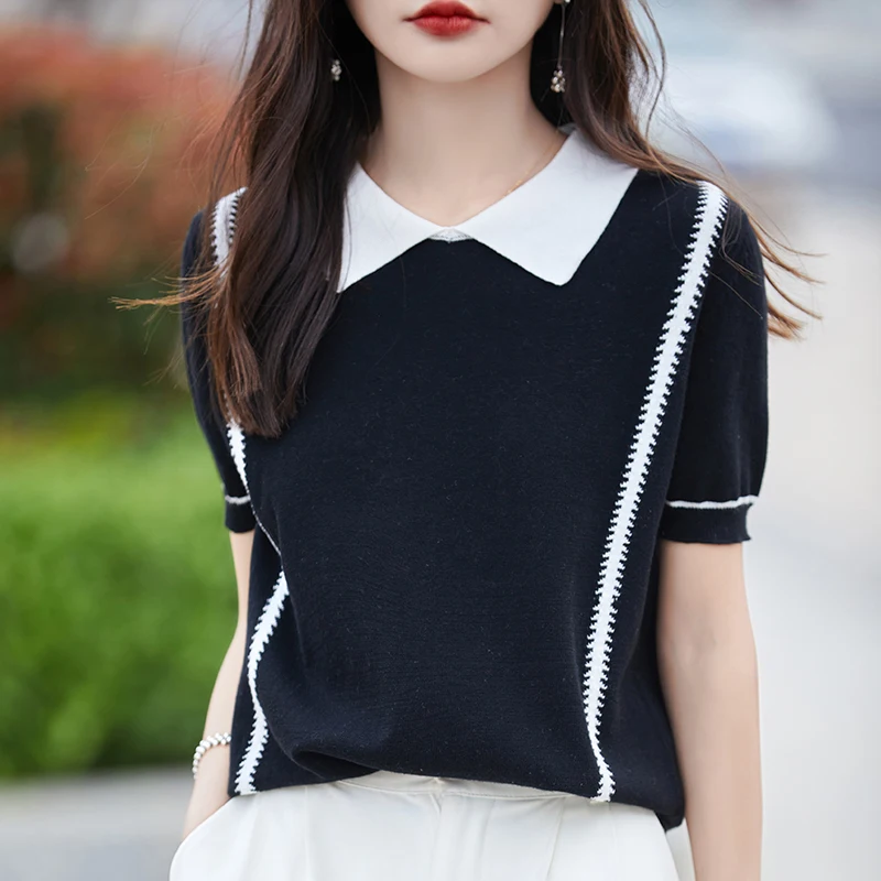 Women\'s T-shirt 100% Cotton Sweater Short Sleeve Fashion Turn-down Collar Ladies Tops Loose Blouse Spliced Pullover Tees