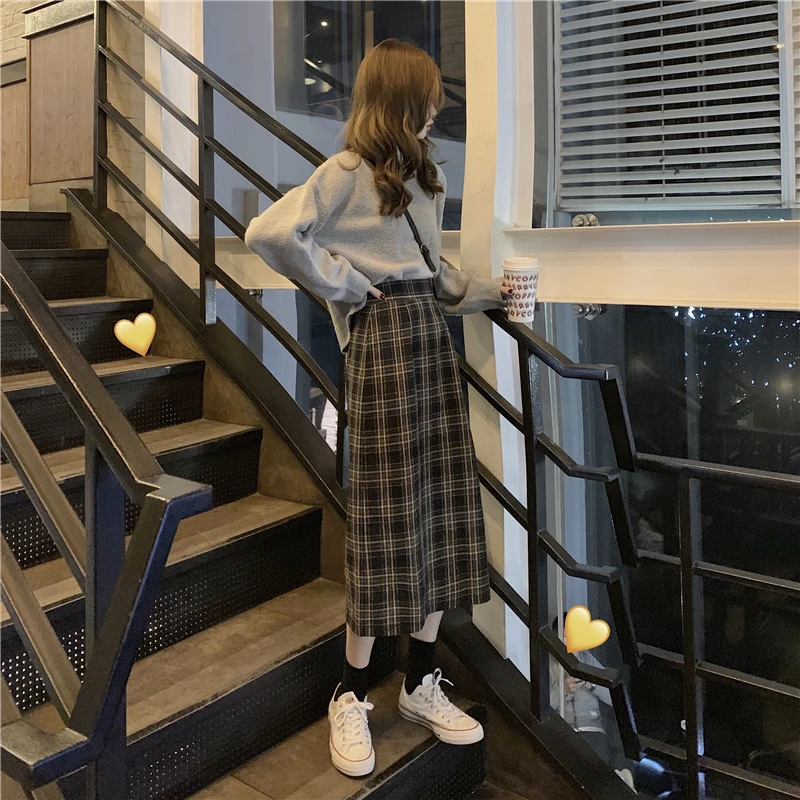 Women High Waist Dark Brown Split Slim Korean Woolen Skirts Elastic Plaid Print Summer Vintage Female Midi Long Skirt Streetwear