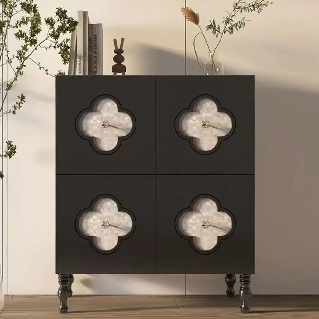 Premium Black Tall Wooden Cabinet 4-Door Quatrefoil Mother of Pearl Inlay Spindle Leg Storage Sideboard For Entryway Living Room