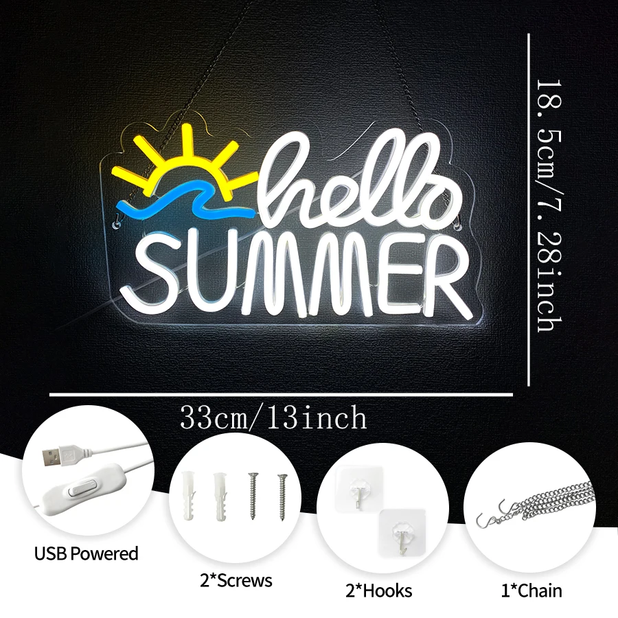 Hello Summer Led Neon Sign, Sunshine Art Icon, Holiday Decor For Bedroom, Living Room, Beach Bar And Hawaii Store, Party Gifts.