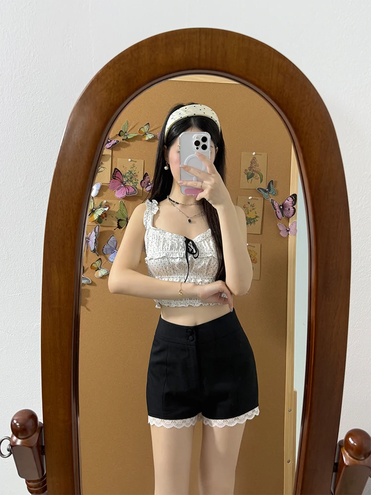 슬리밍 퓨어 디자이어 핫 걸 세트 여성 여름 2025 폴카 도트 레이스 트림 스트랩 베스트 A라인 투피스 세트 패셔너블