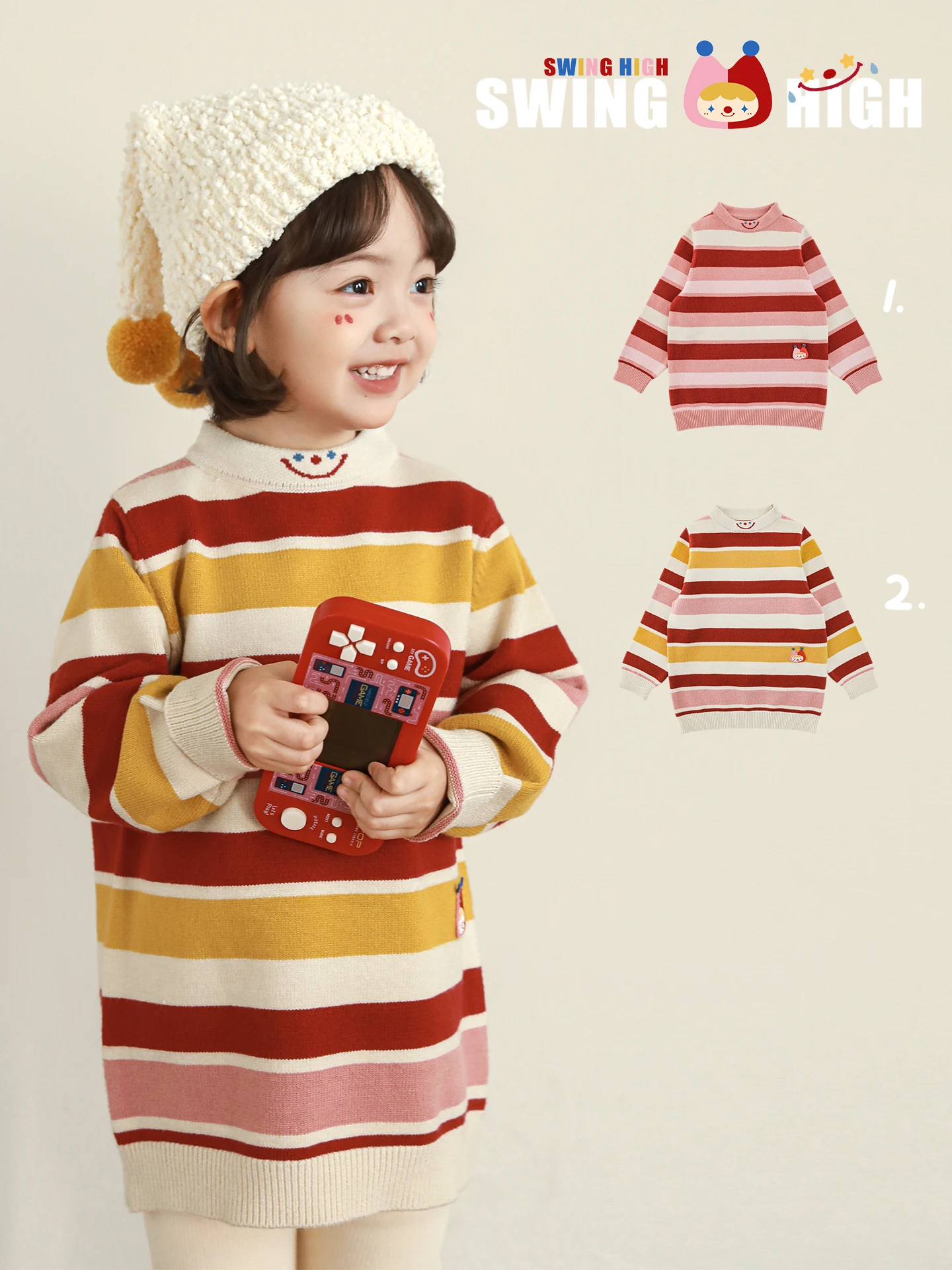 

Зимнее вязаное платье для девочек, 2025 г., полосатый ветрозащитный термоплюшевый праздничный подарок средней длины, уютный топ для игр, От 1 до 7 лет
