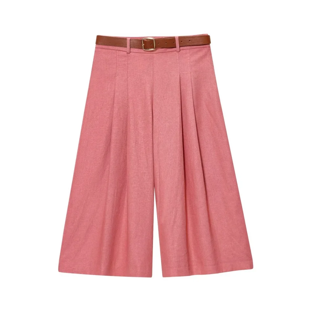 المرأة الكتان المخلوطة المخفية زر طوق بلا أكمام قصيرة تانك الأعلى مع حزام طويل عارضة السراويل الصيف السراويل الجديدة