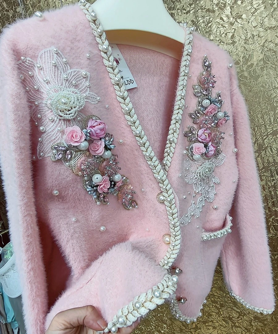 Luxury Style Flower Beaded Stitch Knitwear Faux Fur Cardigan Coat For Women V-neck Loose Pink Sweater Outwear Jacket