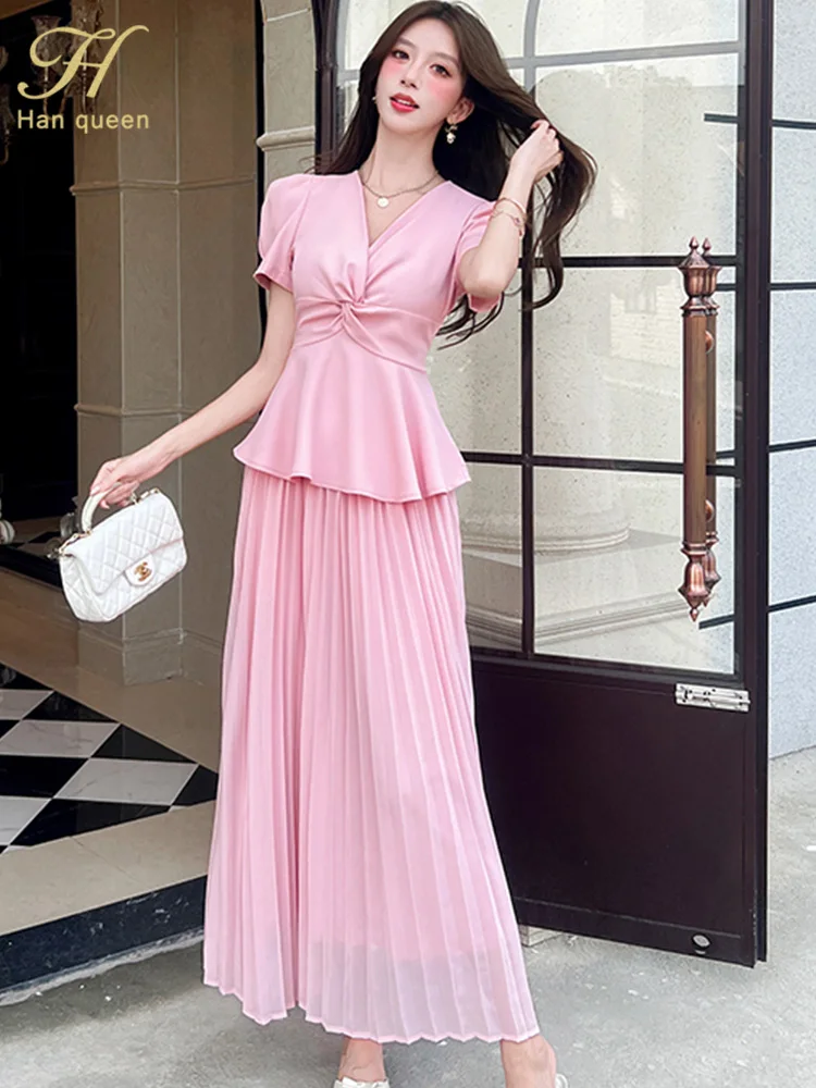 

H Han Queen Summer New Skirt Suit Women Elegant Korean Short sleeved Fashion Top+Long Pleated Skirt Casual Party 2 Piece Set