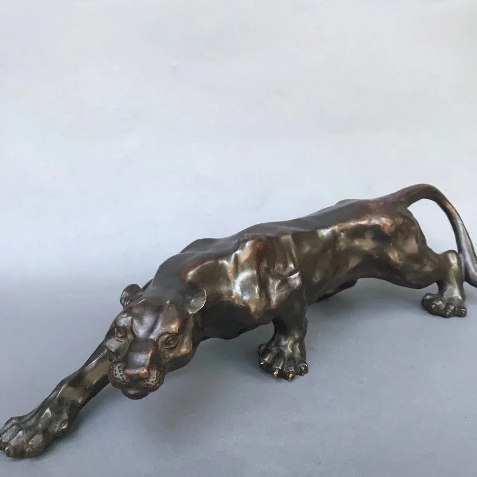 Big 36cm Bronze Sculpture Statue Panther Leopard Jaguar Cat Marked Enamel Decoration Brass Bronze Home Desktop Decor