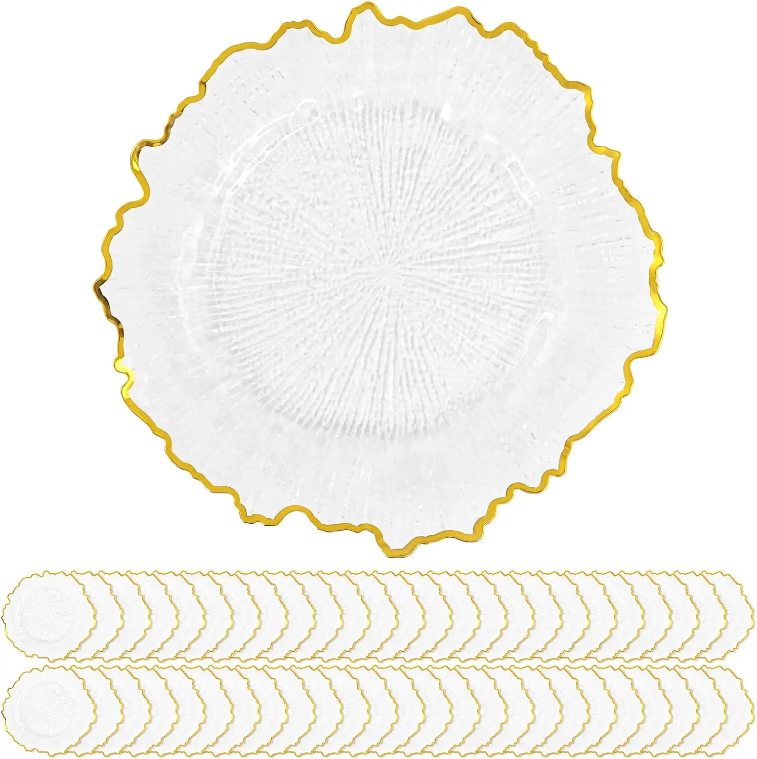 

50 Pack Clear Charger Plates Bulk, 13" Plastic Reef Chargers for Dinner Plates, Round Charger Plate with Gold Rim Floral Reef