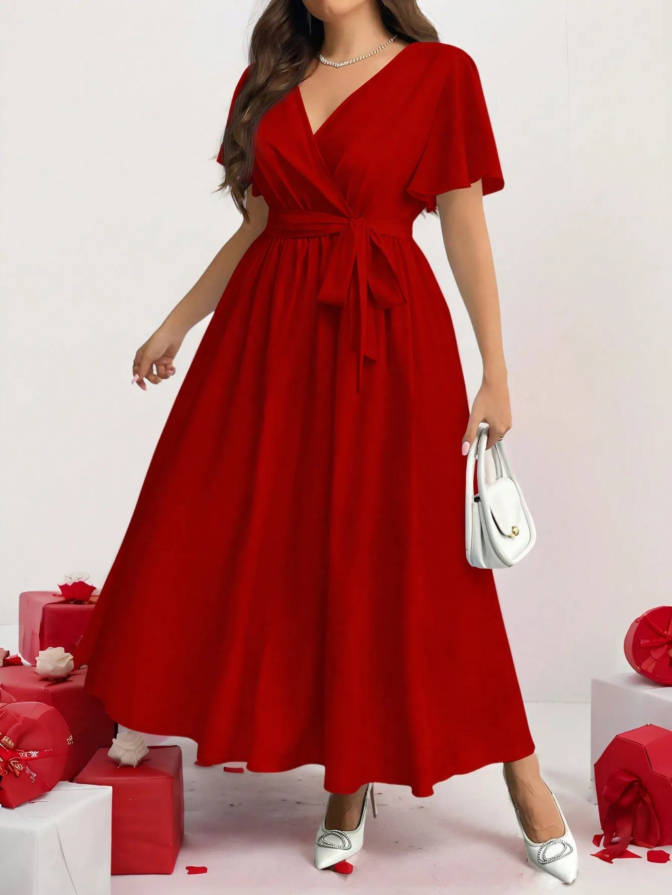 

Red Wrap V-Neck Midi Dress with Tie Waist and Flutter Sleeves