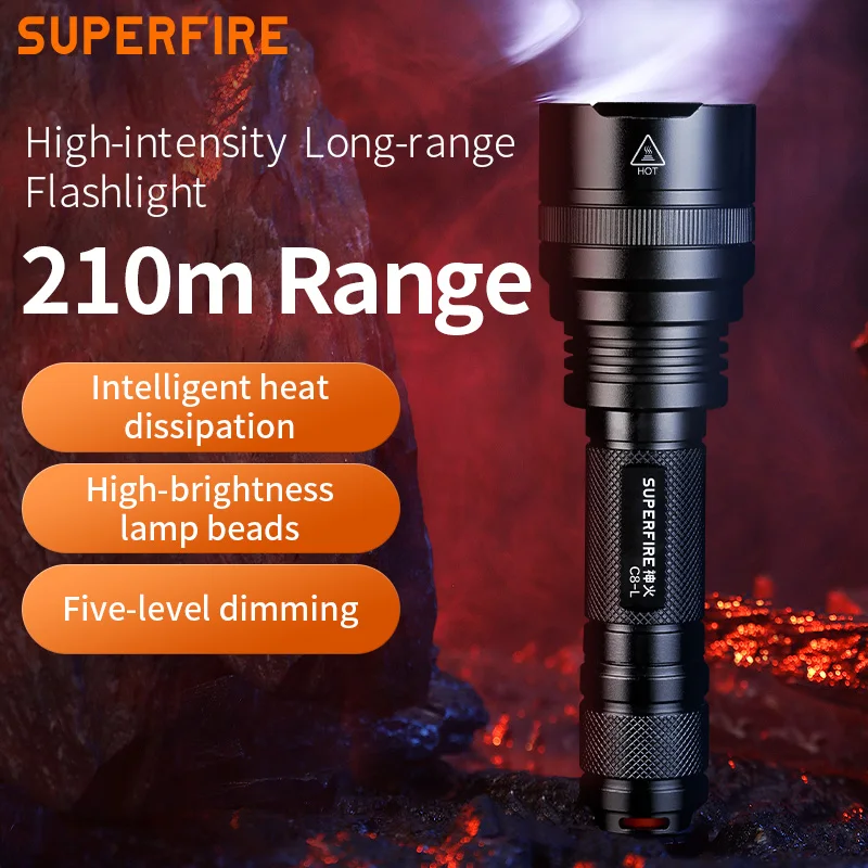 SUPERFIRE C8-L 7W Strongest LED Flashlight Rechargeable Work Light IP46 Waterproof Outdoor Camping Lamp For Bicycle Lighting