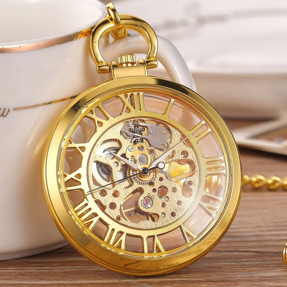 Vintage Hollow Mechanical Pocket Watch Hand-winding Luminous Necklace Pendant Steampunk Skeleton Men Women Chain Gift Clock