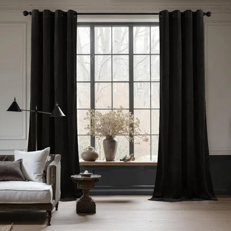 Black Velvet Curtain Half Blackout Thin Fabric Curtains for Living Room Bedroom Dining Luxury Window  Decor 창문커텐 Modern Elegant