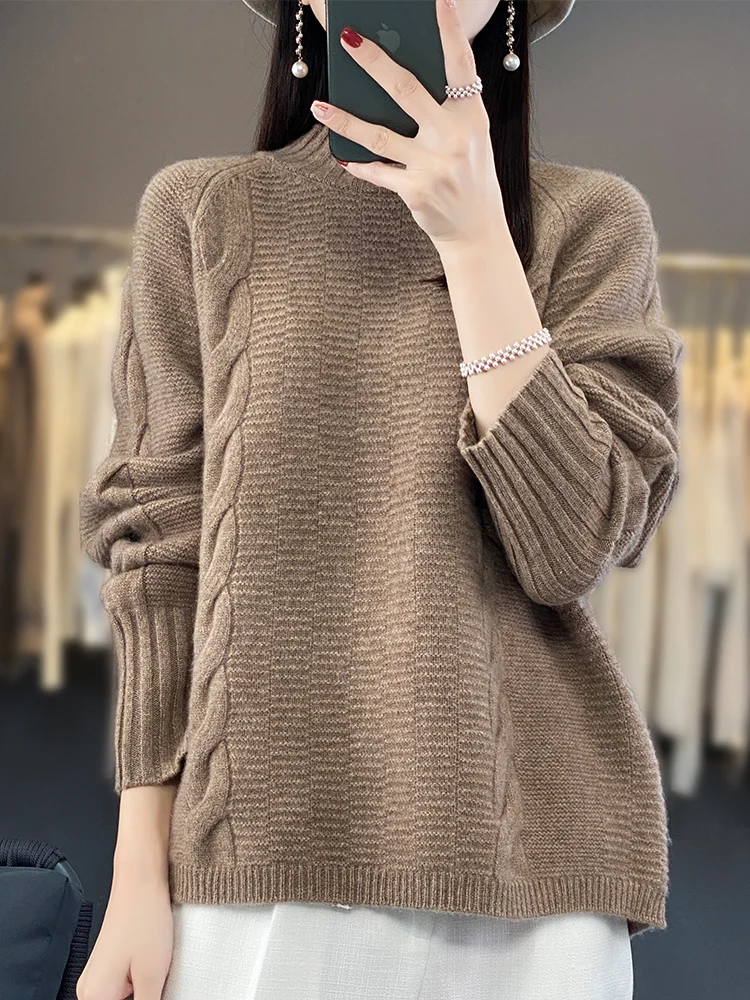 

Женский осенне-зимний пуловер из 100% мериносовой шерсти с круглым вырезом, разноцветный модный свободный базовый универсальный элегантный свитер с длинными рукавами