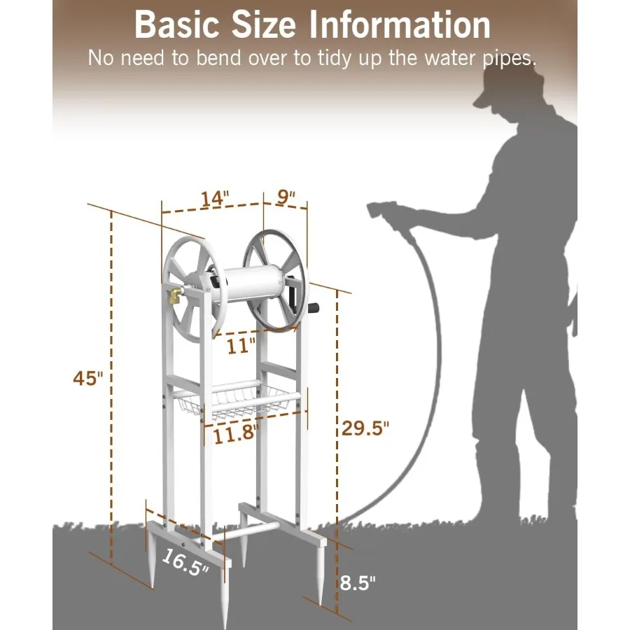 지상 설치형 정원 호스 릴, 5/8인치 호스 125피트 및 3.9피트 리더 브라스 피팅 포함, 물 호스 홀더 스탠드