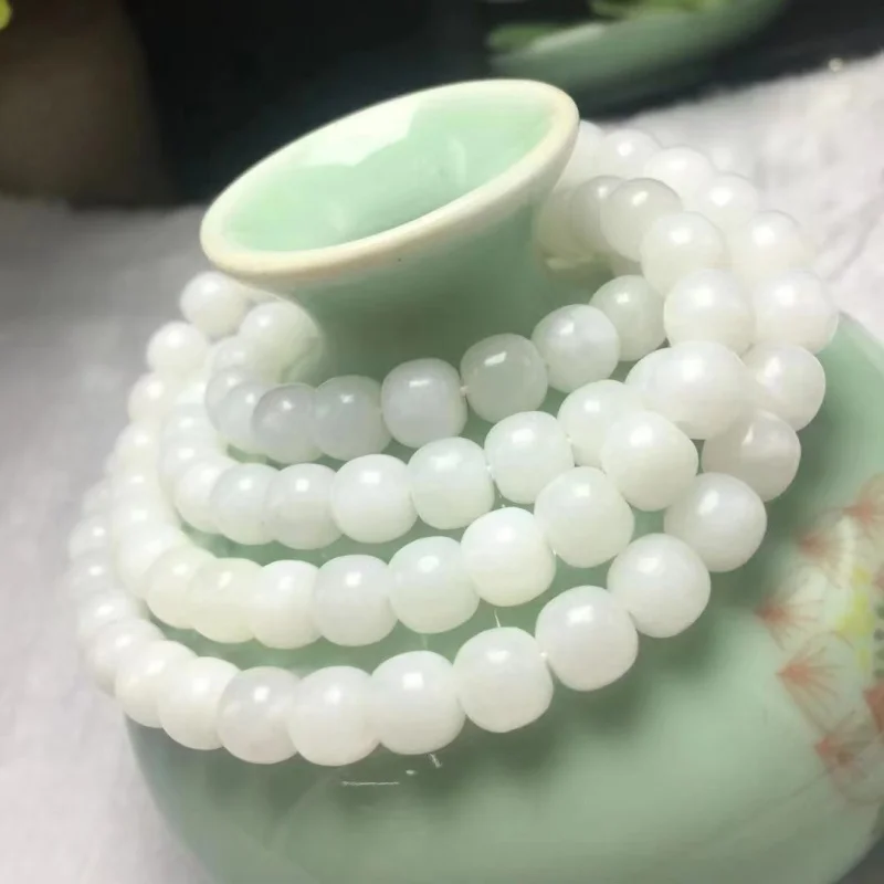 

Natural Hetian White Jade Old Style Bead 108 Long Chain Necklace