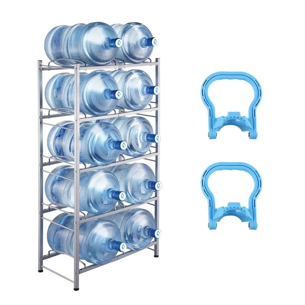 

5 Tier Double Row Water Jug Rack for 10 Bottles Silver Gray