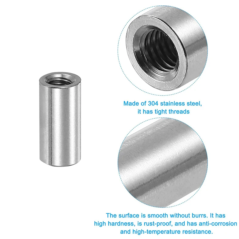 Cylindrical Connect Nut 304 Stainless Steel M8 M10 Internal Threaded Cylindral Dowel Double End Pin Dia 16/18/20mm Tubular Nuts