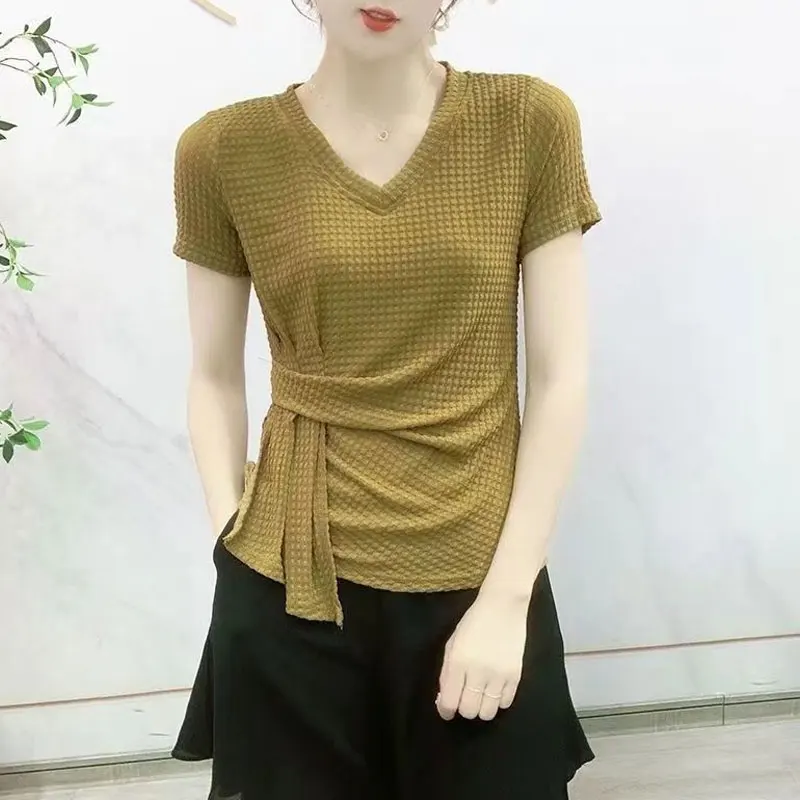 Summer Elegant V-Neck Stylish Folds Patchwork T-shirt Solid Color Slim Female Clothing All-match Casual Short Sleeve Pullovers