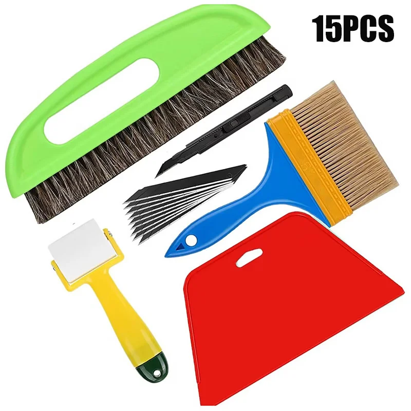 15Pcs Wall Smoothing Tool Kit Wallpaper Tools Including Wallpaper Brush, Scraper, Roller, Cutter