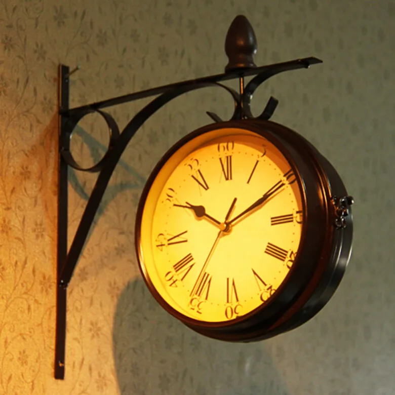 

Cross-border supply European iron retro creative home, wall clock double side clock double side wall clock