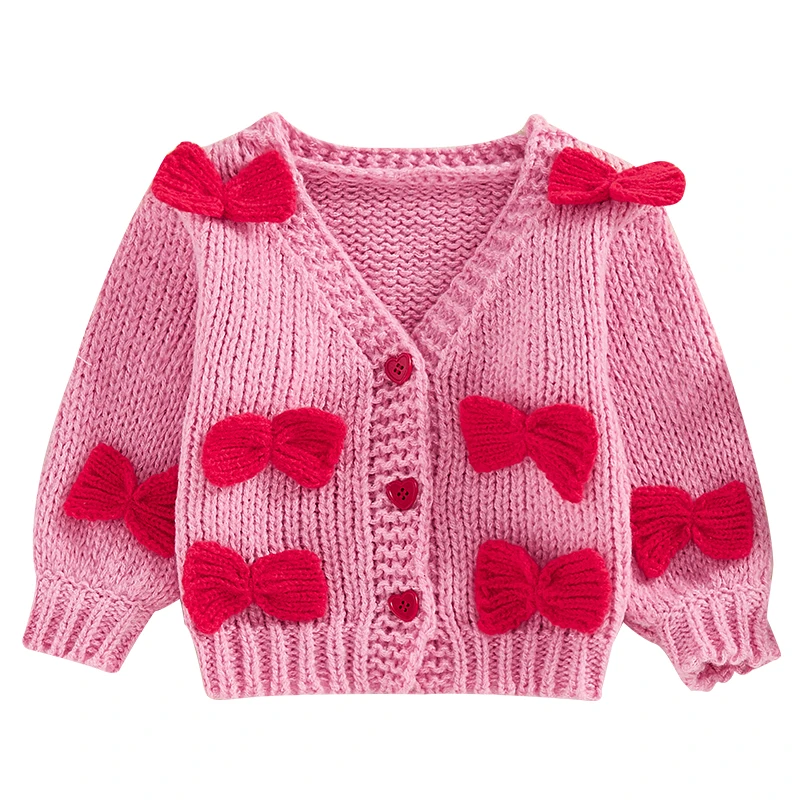 

Toddler Baby Girls Cute Knitted Cardigan Sweaters V Neck Button Down Long Sleeve Bow Deco Chunky Sweater Knitwear