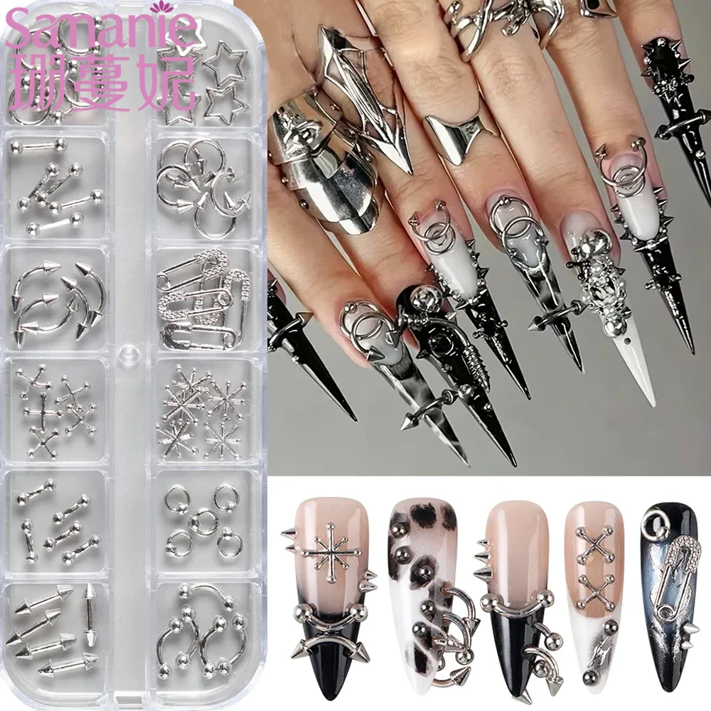 12 Grids Punk Silvery Golden Rivets Style Nail Charms Y2K Metal Golden Pierced Rivets Solid Nail Art Decoration Nail Accessories