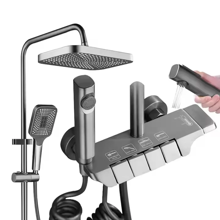 

Hot Cold Wall Mounted Bathroom Shower Faucet Cheap Gun Gray Rainfall Bathtub Mixer Set Soft Spray Pattern Ceramic For Hotels