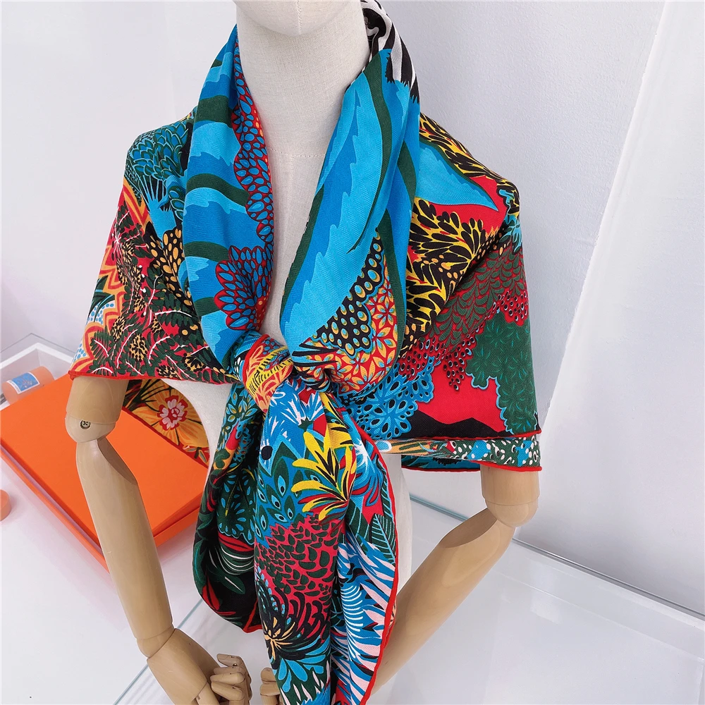 135CM Silk Cashmere Scarf Women Hand Rolled Shawl Forest Zebra Print Square Scarves Wraps Lady Bandana Big Hijab Female Foulards