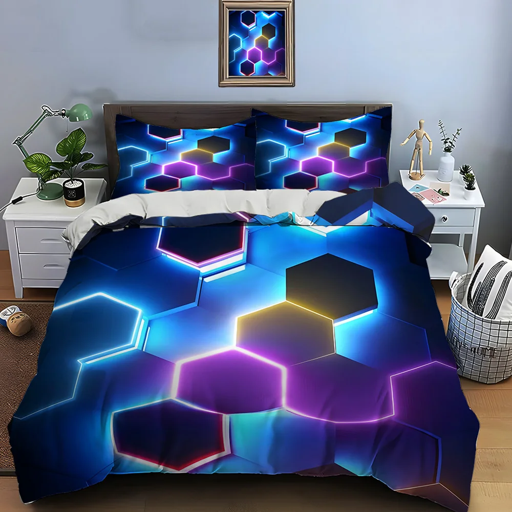 3D Honeycomb Square Gradient Color Print Bedding Set Duvet Cover 1 Duvet Cover 2 Pillowcases Adult and Kids Bedding Set Luxury