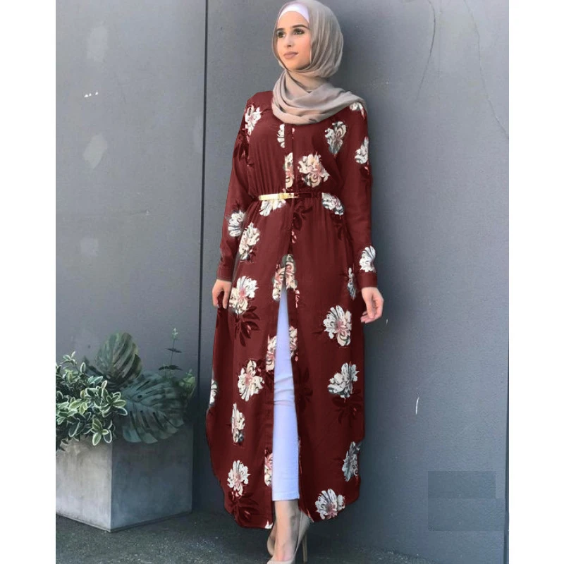 

Fashion Muslim Women Abayas Floral Print Maxi Dress Dubai Kaftan Open Cardigan Turkey Arab Shirt Robe Party Kaftan Femme Gown